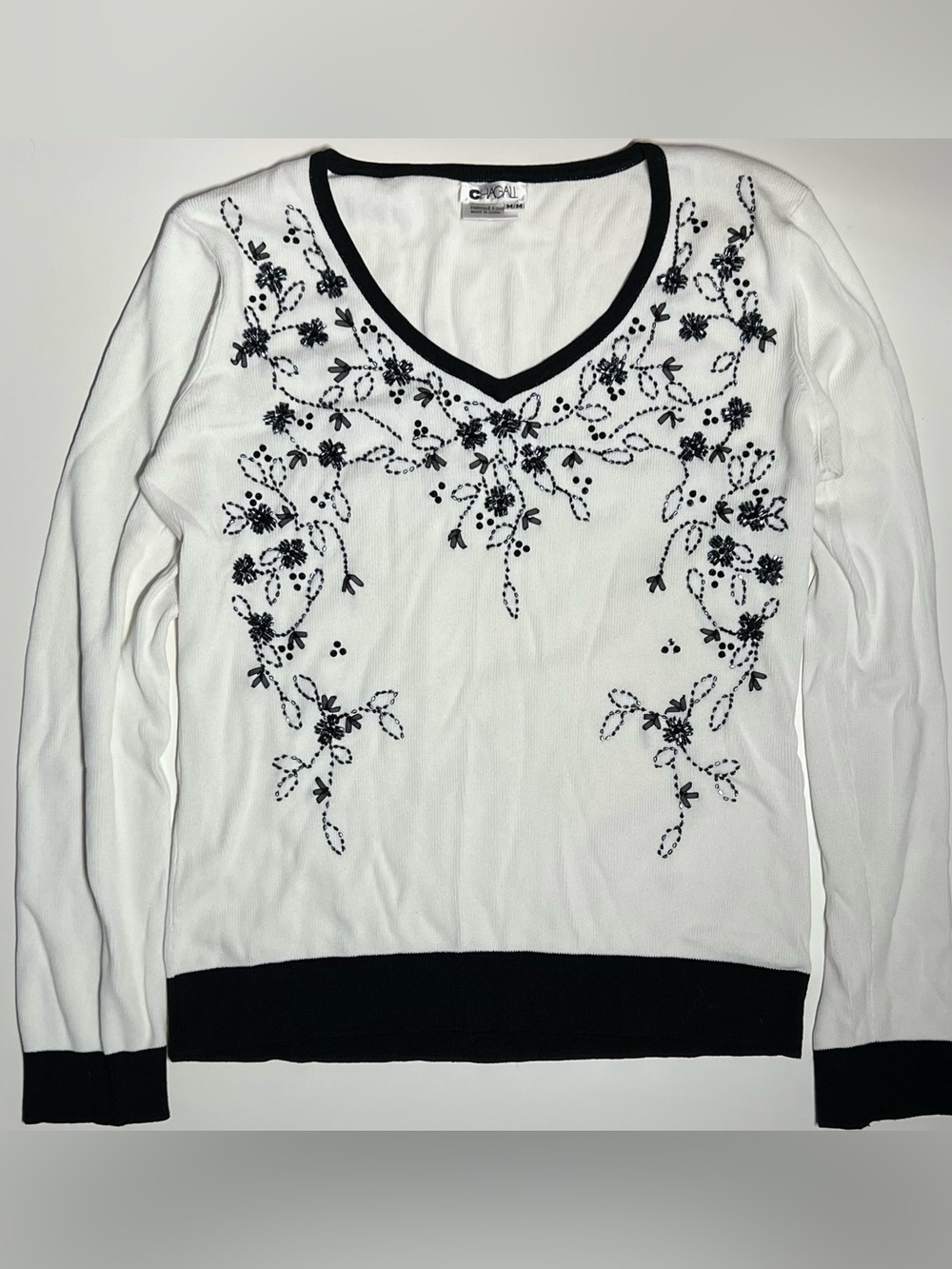 Chagall White Long-Sleeve V-Neck Embroidered Top with Black Trim